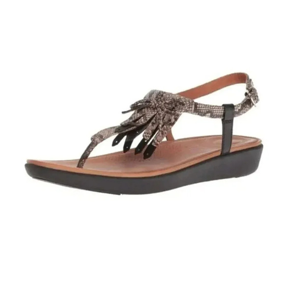 Fitflop Womens Tia Sandals size 8 black leather & Python fringe thongs - Picture 1 of 12